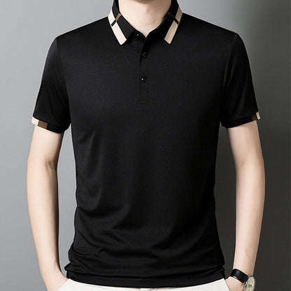 Camisa para Hombre en Tejido Seda Helada Elástica de Manga Corta con Solapas