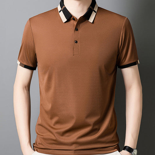 Camisa para Hombre en Tejido Seda Helada Elástica de Manga Corta con Solapas