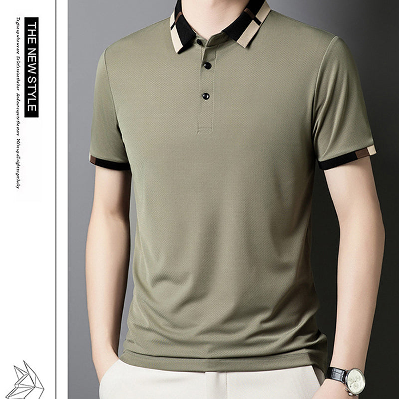 Camisa para Hombre en Tejido Seda Helada Elástica de Manga Corta con Solapas