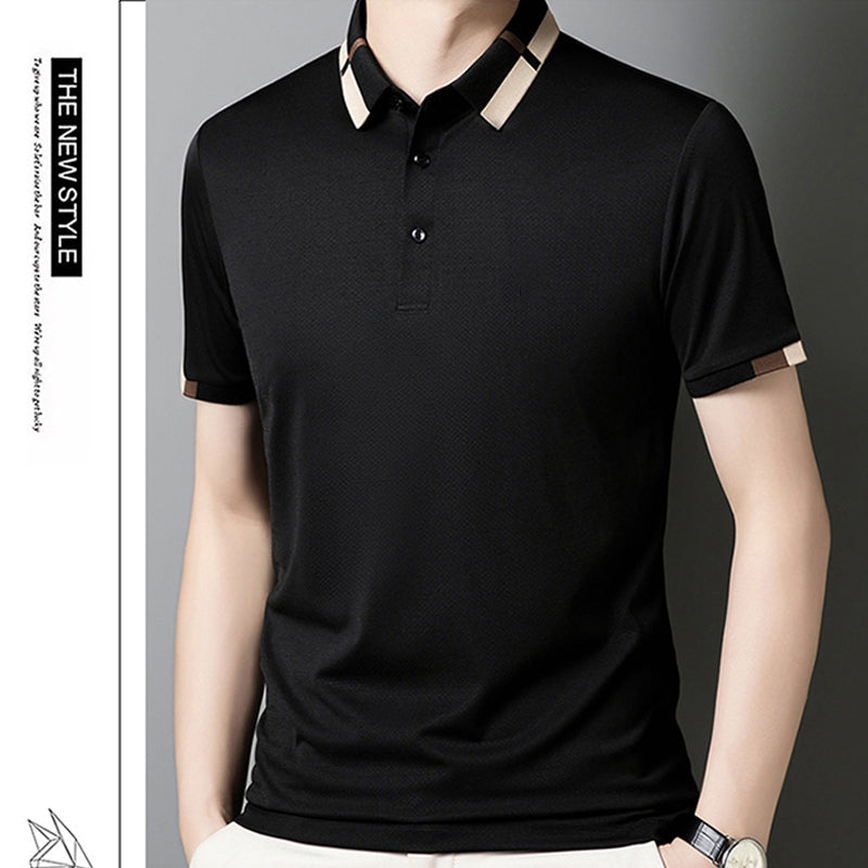 Camisa para Hombre en Tejido Seda Helada Elástica de Manga Corta con Solapas