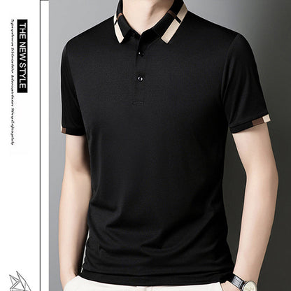 Camisa para Hombre en Tejido Seda Helada Elástica de Manga Corta con Solapas