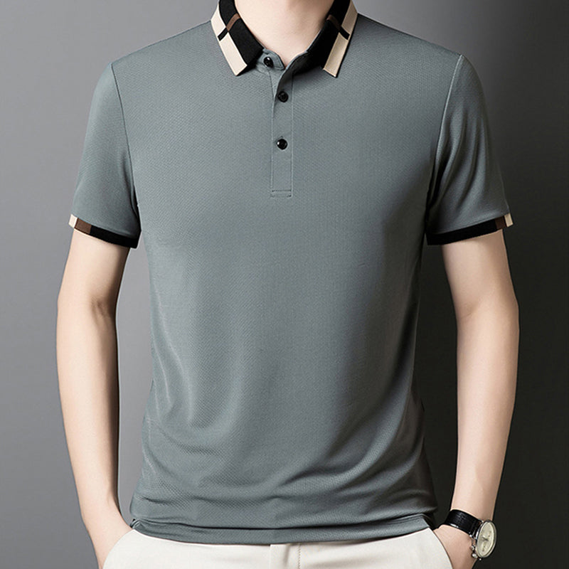 Camisa para Hombre en Tejido Seda Helada Elástica de Manga Corta con Solapas