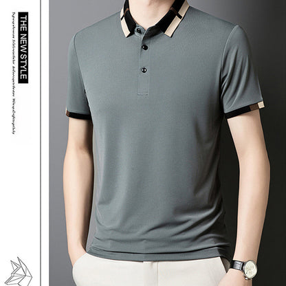 Camisa para Hombre en Tejido Seda Helada Elástica de Manga Corta con Solapas