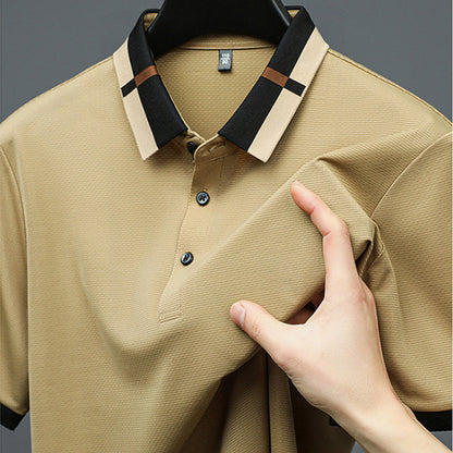 Camisa para Hombre en Tejido Seda Helada Elástica de Manga Corta con Solapas