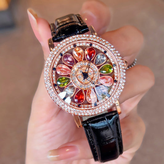 Reloj de Mujer con Esfera Giratoria y Diamantes Simulados de Colores