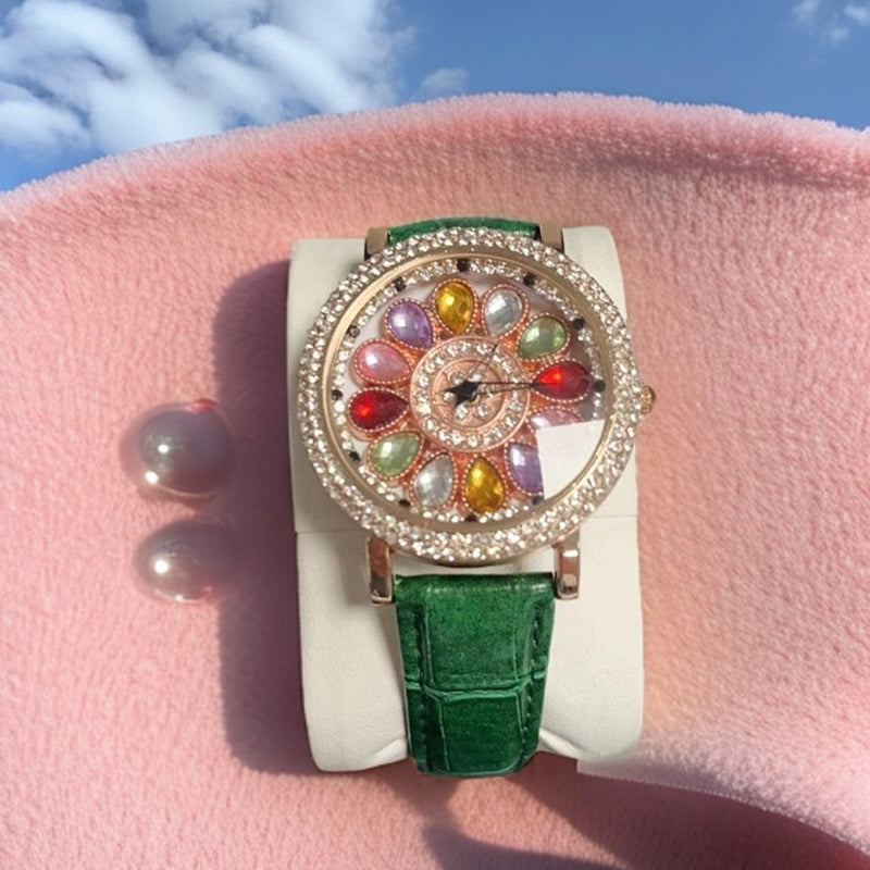 Reloj de Mujer con Esfera Giratoria y Diamantes Simulados de Colores