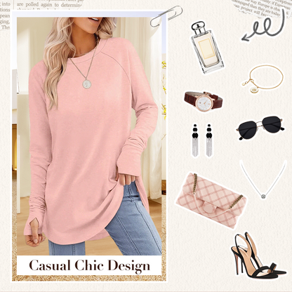 Top Casual de Manga Larga y Cuello Redondo Para Mujeres