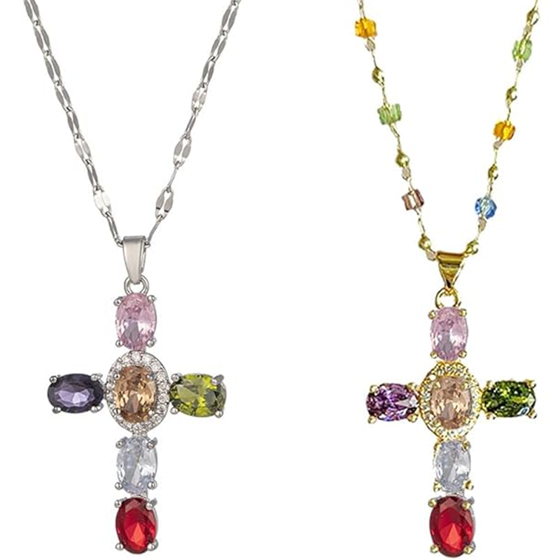 💍 ¡OFERTA RELÁMPAGO 50% DE DESCUENTO! ✨ Collar de Cruz de Pedrería Multicolor – Colgante Simbólico, Cadena Ajustable 51cm, Aleación Ligera y Brillante ✨