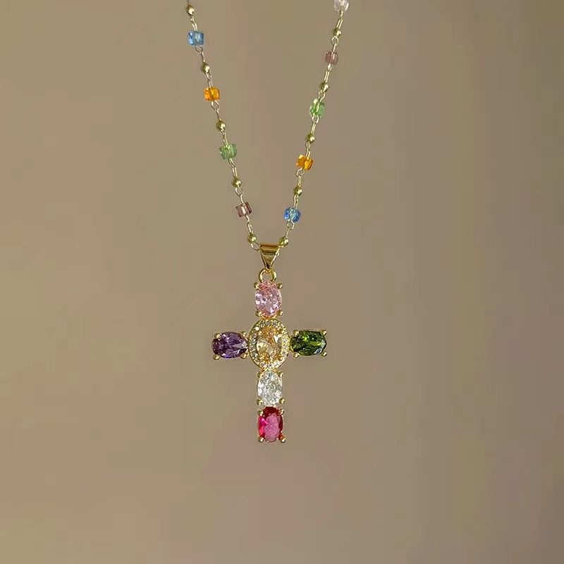 💍 ¡OFERTA RELÁMPAGO 50% DE DESCUENTO! ✨ Collar de Cruz de Pedrería Multicolor – Colgante Simbólico, Cadena Ajustable 51cm, Aleación Ligera y Brillante ✨
