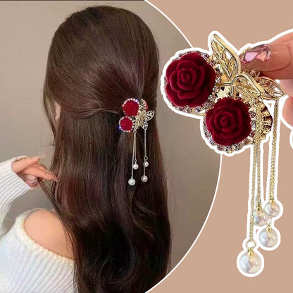 Clip para Cabello Elegante de Rosa de Terciopelo con Perlas Simuladas