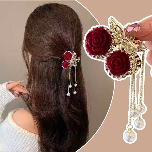 Clip para Cabello Elegante de Rosa de Terciopelo con Perlas Simuladas