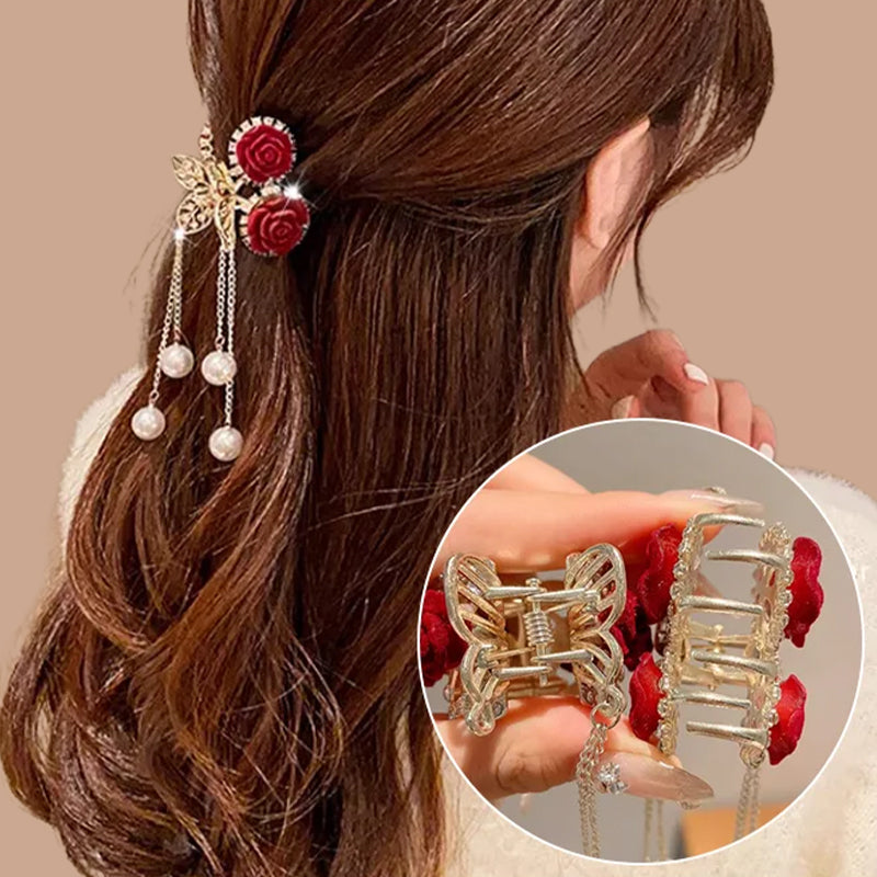 Clip para Cabello Elegante de Rosa de Terciopelo con Perlas Simuladas