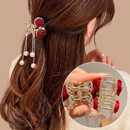 Clip para Cabello Elegante de Rosa de Terciopelo con Perlas Simuladas