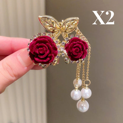 Clip para Cabello Elegante de Rosa de Terciopelo con Perlas Simuladas