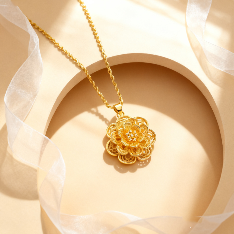 Collar con dije de flor en elegante tono dorado