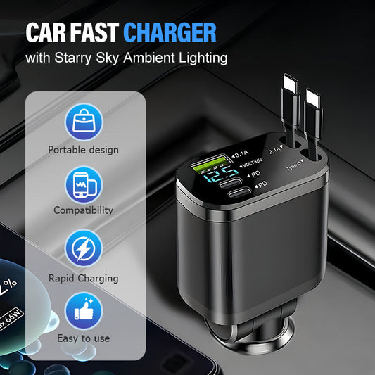 🚗 Cargador Rápido para Coche con Iluminación Ambiental Cielo Estrellado – Moderno y Práctico 🌟