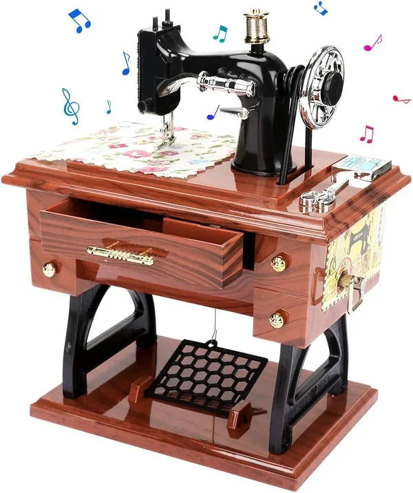 Mini Caja de Música en Forma de Máquina de Coser de Madera