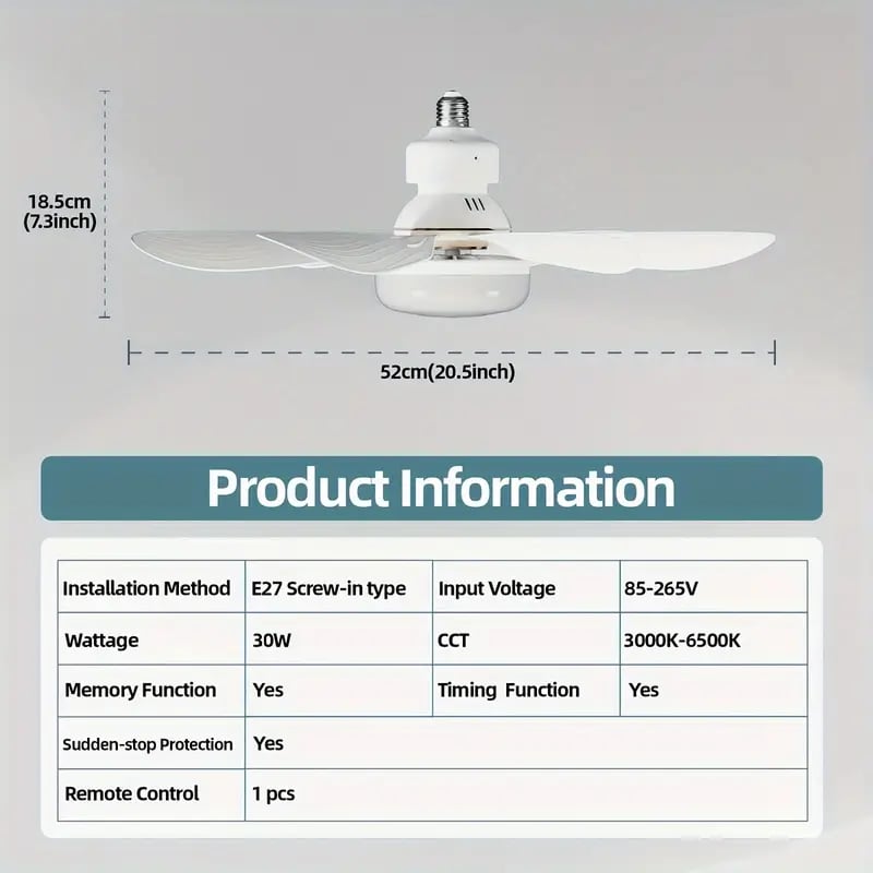 Ventilador de techo y luz portátiles 2 en 1 con control remoto
