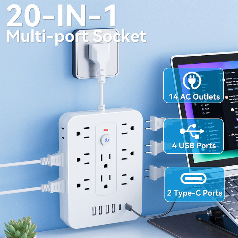 🚀¡Espacio y Seguridad! ⚡ Regleta 20 en 1: 14 CA+4 USB+2 Type-C – ¡Alimenta Todo! 🛡️