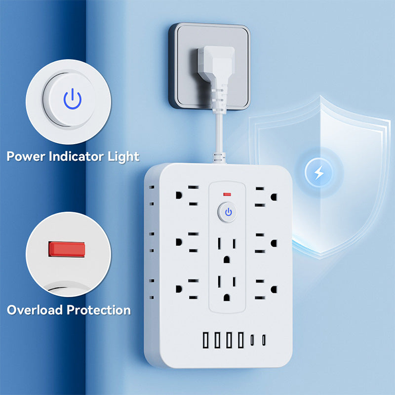 🚀¡Espacio y Seguridad! ⚡ Regleta 20 en 1: 14 CA+4 USB+2 Type-C – ¡Alimenta Todo! 🛡️