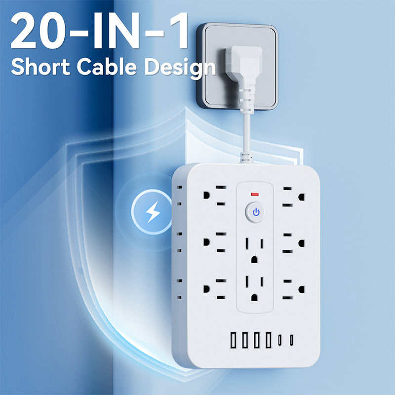 🚀¡Espacio y Seguridad! ⚡ Regleta 20 en 1: 14 CA+4 USB+2 Type-C – ¡Alimenta Todo! 🛡️