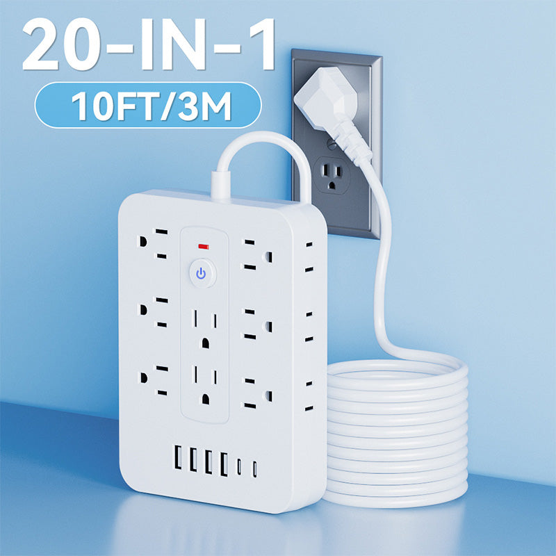 🚀¡Espacio y Seguridad! ⚡ Regleta 20 en 1: 14 CA+4 USB+2 Type-C – ¡Alimenta Todo! 🛡️