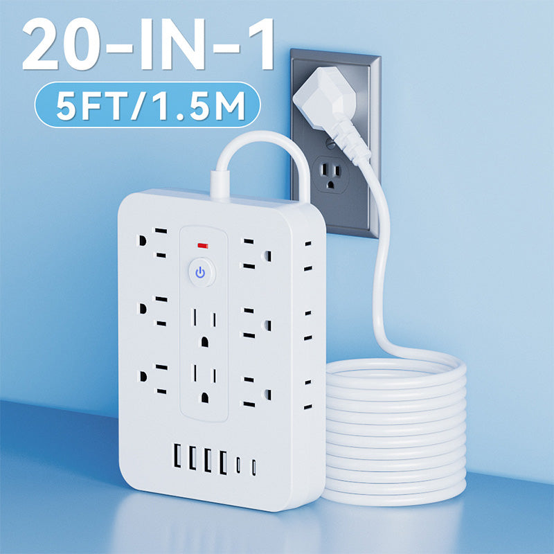 🚀¡Espacio y Seguridad! ⚡ Regleta 20 en 1: 14 CA+4 USB+2 Type-C – ¡Alimenta Todo! 🛡️