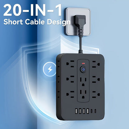 🚀¡Espacio y Seguridad! ⚡ Regleta 20 en 1: 14 CA+4 USB+2 Type-C – ¡Alimenta Todo! 🛡️