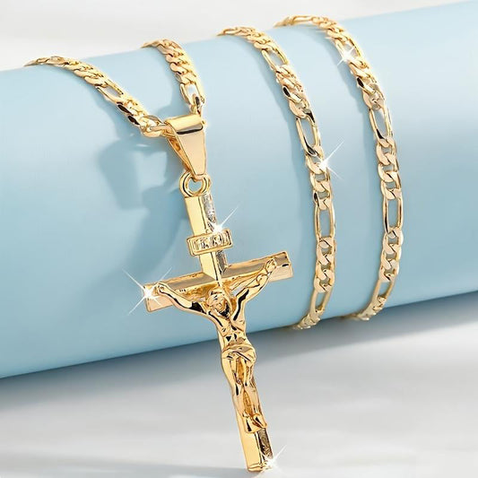 🔥 Collar con colgante de crucifijo tono dorado – Diseño detallado INRI, cadena Figaro ajustable y joya religiosa para el día a día ✝️✨