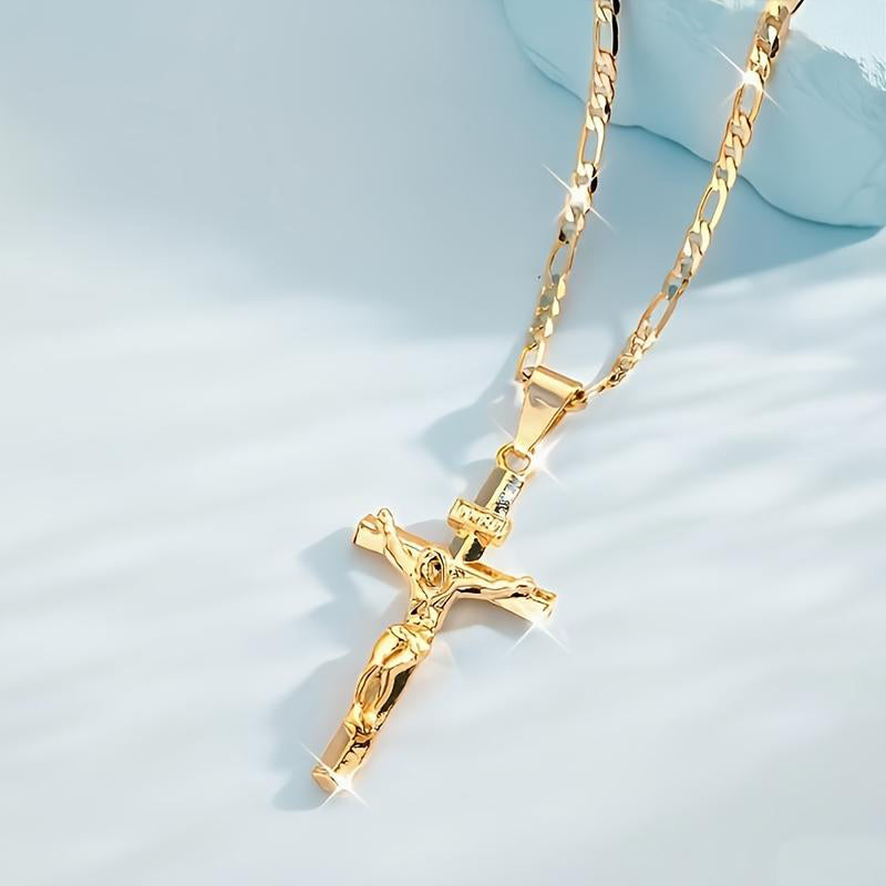 🔥 Collar con colgante de crucifijo tono dorado – Diseño detallado INRI, cadena Figaro ajustable y joya religiosa para el día a día ✝️✨