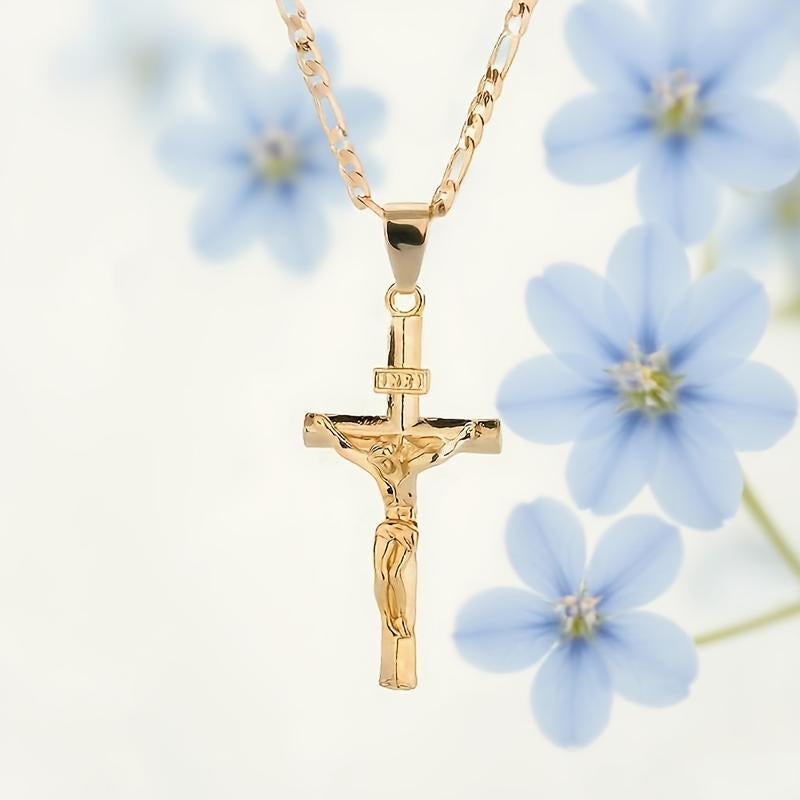 🔥 Collar con colgante de crucifijo tono dorado – Diseño detallado INRI, cadena Figaro ajustable y joya religiosa para el día a día ✝️✨