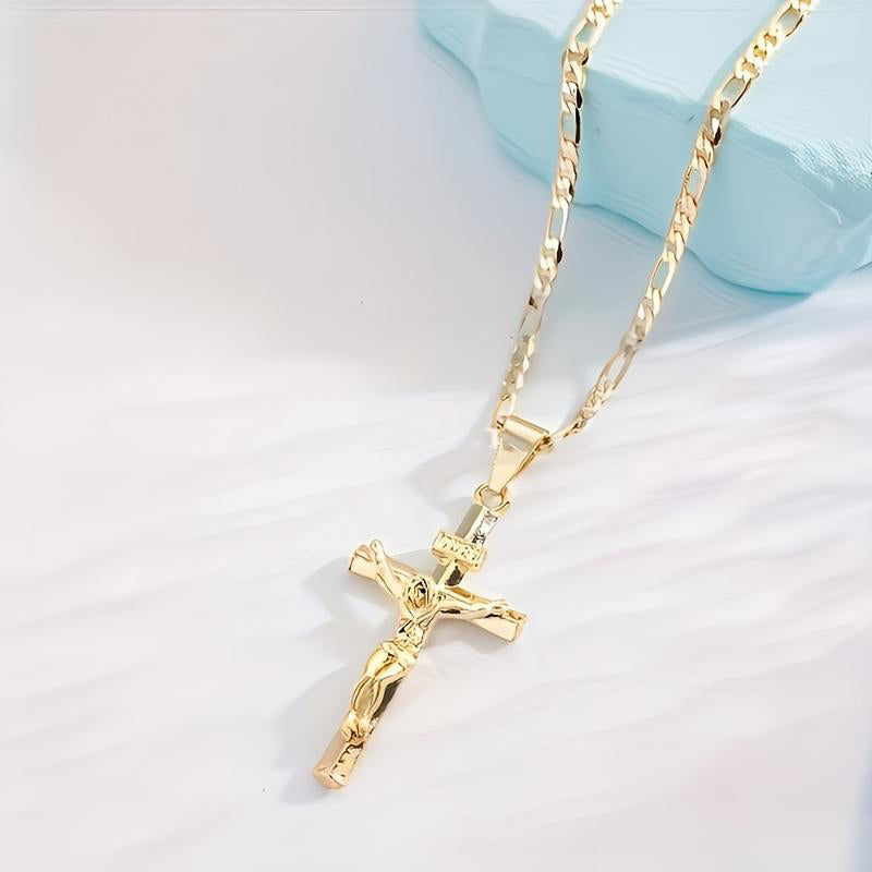 🔥 Collar con colgante de crucifijo tono dorado – Diseño detallado INRI, cadena Figaro ajustable y joya religiosa para el día a día ✝️✨