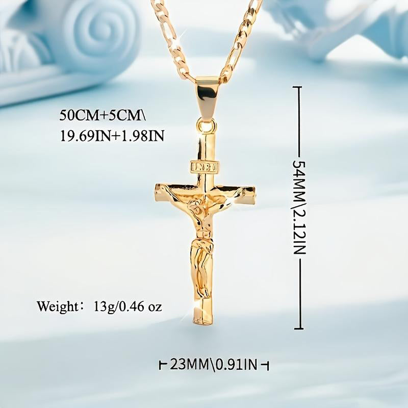 🔥 Collar con colgante de crucifijo tono dorado – Diseño detallado INRI, cadena Figaro ajustable y joya religiosa para el día a día ✝️✨