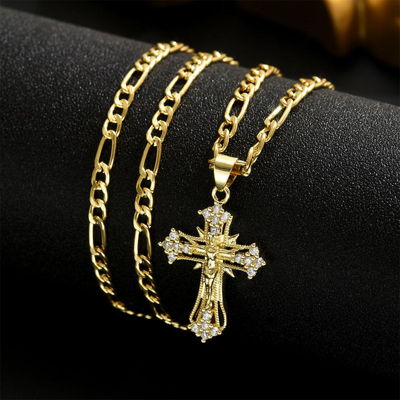 🔥 Collar con colgante de crucifijo tono dorado – Diseño detallado INRI, cadena Figaro ajustable y joya religiosa para el día a día ✝️✨