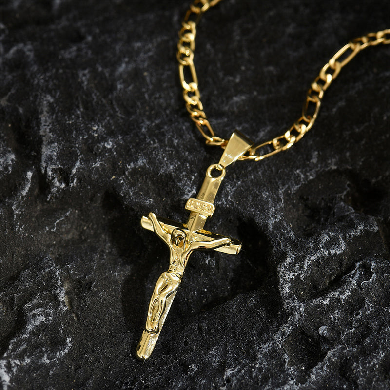 🔥 Collar con colgante de crucifijo tono dorado – Diseño detallado INRI, cadena Figaro ajustable y joya religiosa para el día a día ✝️✨