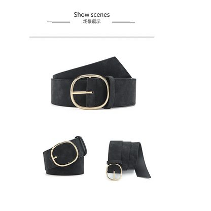 Women's Wide Faux Leather Belt with Round Buckle
