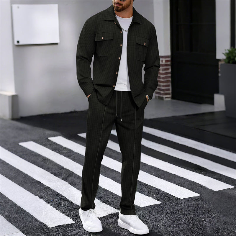 🔥 Conjunto de chaqueta y pantalones para hombre tipo waffle – Tejido transpirable tipo waffle, corte relajado y estilo casual sin esfuerzo 👕👖