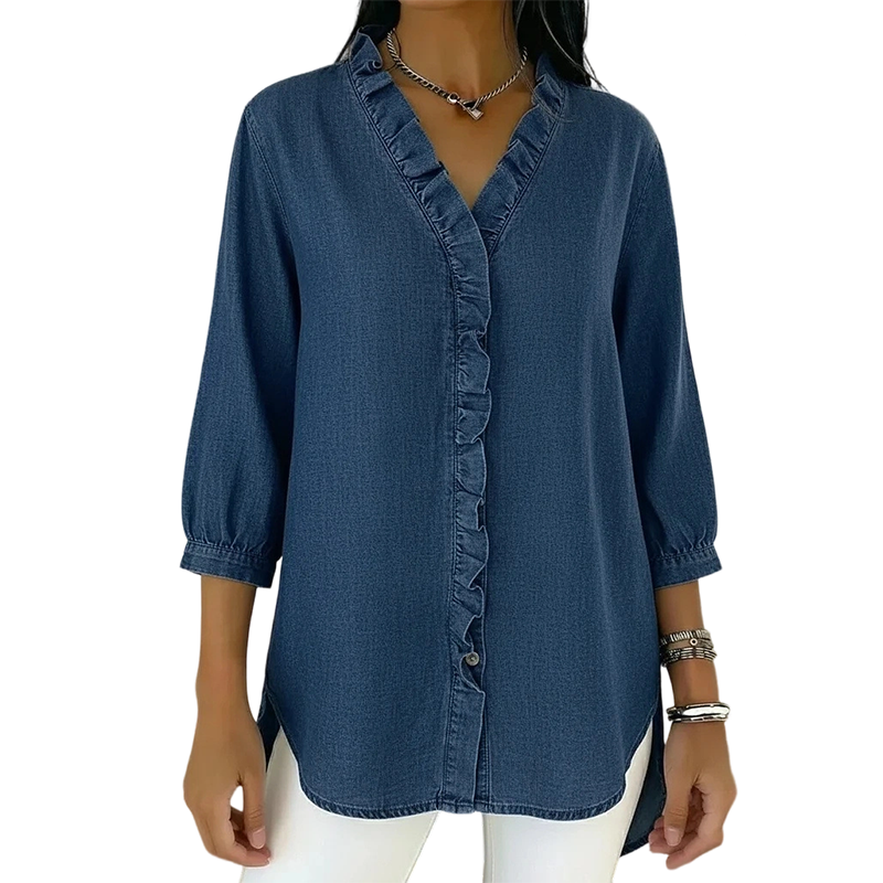 👕 Blusa de Mezclilla para Mujer – Cuello V con Volantes, Manga 3/4, Doble Bajo, Tela Transpirable