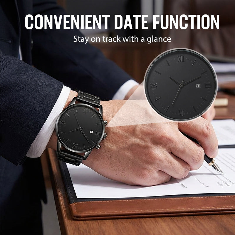 🎉💰 ¡60% DE DESCUENTO! ⚡ Reloj Minimalista de Cuarzo para Hombre con Fecha – Acero Inoxidable Todo Negro, Esfera con Números Romanos y Precisión de Tiempo ⌚🖤