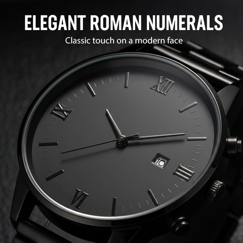 🎉💰 ¡60% DE DESCUENTO! ⚡ Reloj Minimalista de Cuarzo para Hombre con Fecha – Acero Inoxidable Todo Negro, Esfera con Números Romanos y Precisión de Tiempo ⌚🖤