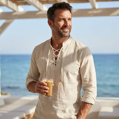 🔥Oferta Limitada🔥 Camisa Hombre Mezcla Algodón – Cuello Mao con Cordón, Transpirable, Puños Abotonados, Estilo Hippie Playa