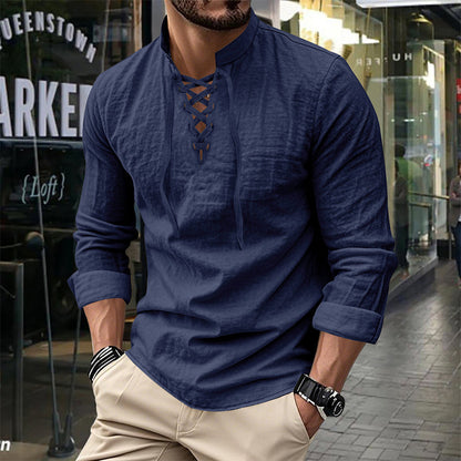🔥Oferta Limitada🔥 Camisa Hombre Mezcla Algodón – Cuello Mao con Cordón, Transpirable, Puños Abotonados, Estilo Hippie Playa