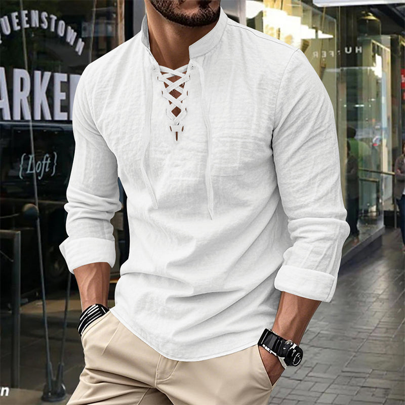 🔥Oferta Limitada🔥 Camisa Hombre Mezcla Algodón – Cuello Mao con Cordón, Transpirable, Puños Abotonados, Estilo Hippie Playa