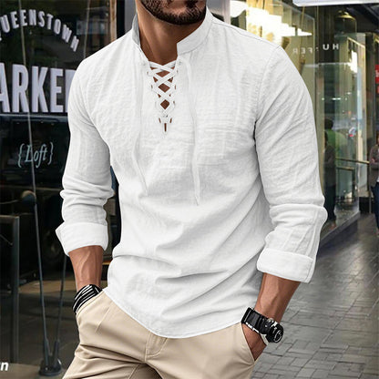 🔥Oferta Limitada🔥 Camisa Hombre Mezcla Algodón – Cuello Mao con Cordón, Transpirable, Puños Abotonados, Estilo Hippie Playa