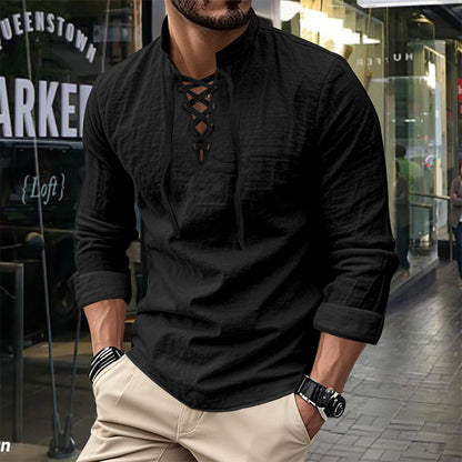 🔥Oferta Limitada🔥 Camisa Hombre Mezcla Algodón – Cuello Mao con Cordón, Transpirable, Puños Abotonados, Estilo Hippie Playa