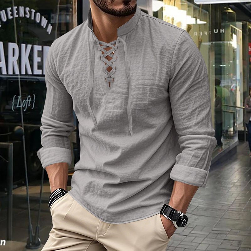 🔥Oferta Limitada🔥 Camisa Hombre Mezcla Algodón – Cuello Mao con Cordón, Transpirable, Puños Abotonados, Estilo Hippie Playa