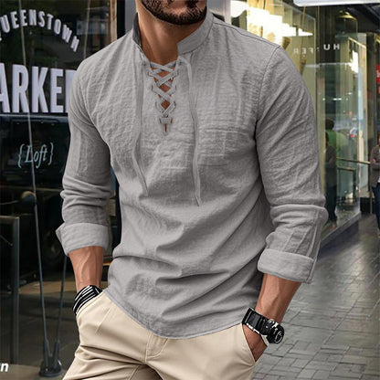 🔥Oferta Limitada🔥 Camisa Hombre Mezcla Algodón – Cuello Mao con Cordón, Transpirable, Puños Abotonados, Estilo Hippie Playa