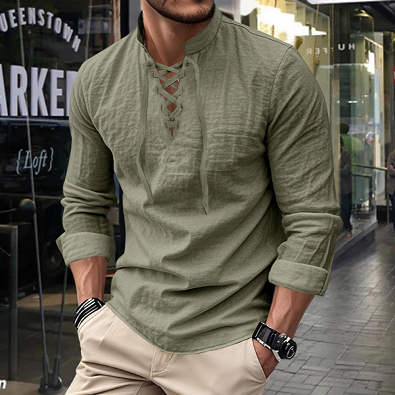 🔥Oferta Limitada🔥 Camisa Hombre Mezcla Algodón – Cuello Mao con Cordón, Transpirable, Puños Abotonados, Estilo Hippie Playa
