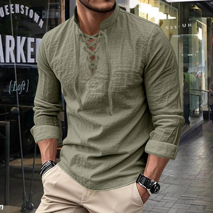 🔥Oferta Limitada🔥 Camisa Hombre Mezcla Algodón – Cuello Mao con Cordón, Transpirable, Puños Abotonados, Estilo Hippie Playa