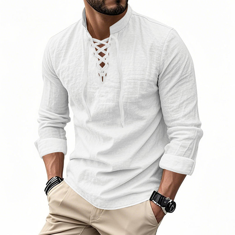 🔥Oferta Limitada🔥 Camisa Hombre Mezcla Algodón – Cuello Mao con Cordón, Transpirable, Puños Abotonados, Estilo Hippie Playa